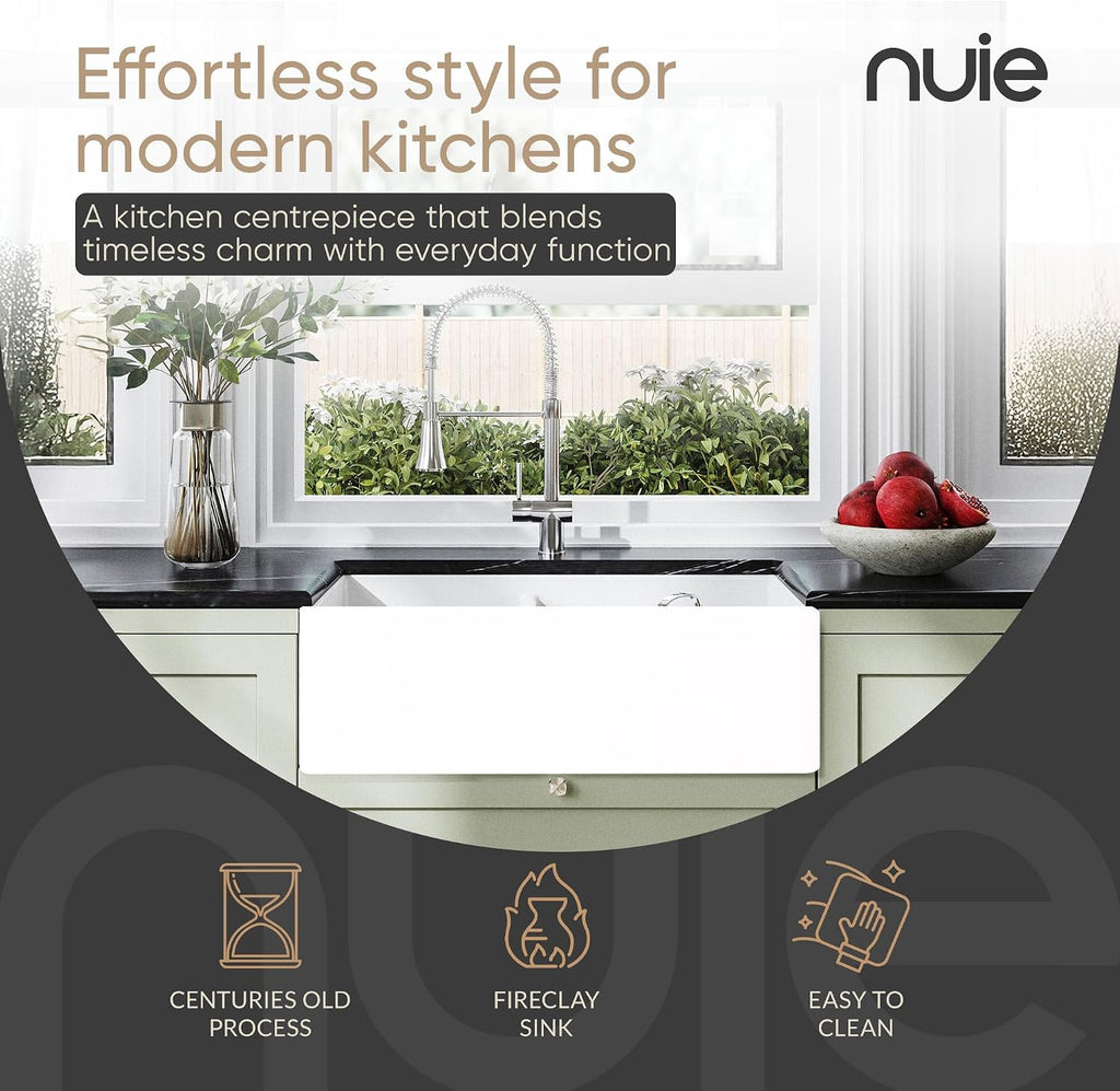 White Kitchen Sink 33 inch 60/40 Double Bowl Apron Front Farmhouse Sink, Stepped Weir Design, Fireclay Ceramic