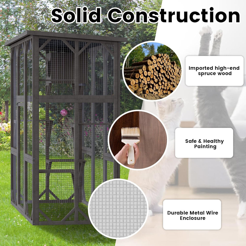 63Inches Cat House, Large Outdoor Wooden Cat Enclosure w/Resting Box