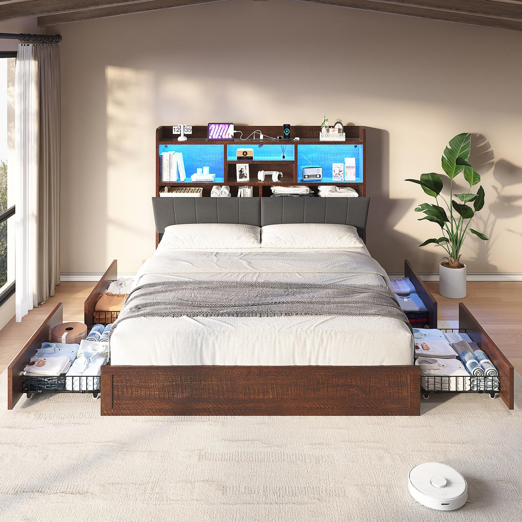 Barnwood LED Storage Bed with Charging Station & 51" Headboard