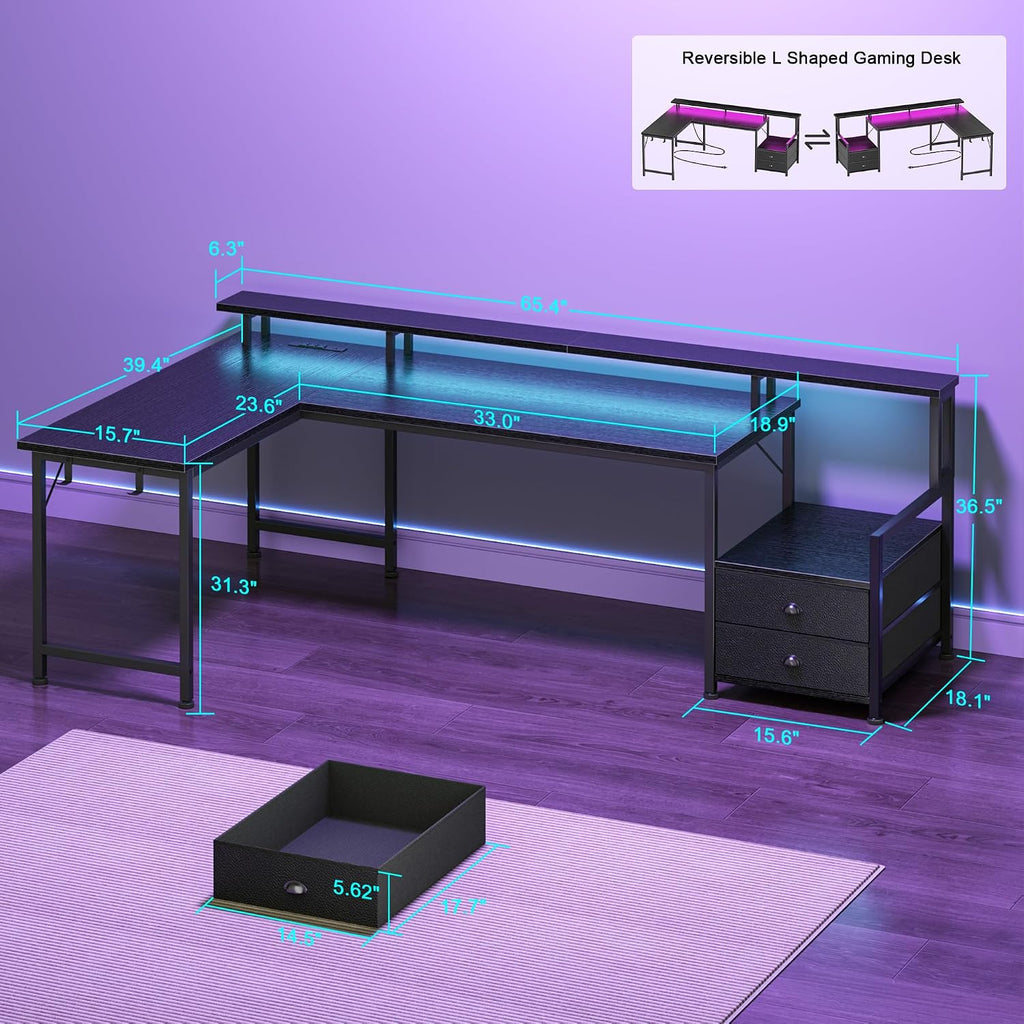 66'' L Shaped Gaming Desk with Storage Drawers, Power Outlets, LED | Large Reversible Computer Desk for Multiple