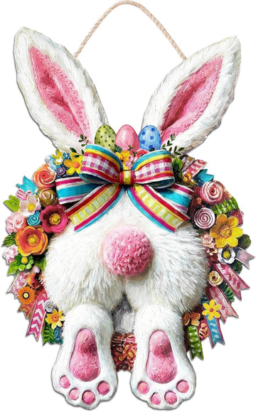 Easter Decoration Wooden Door Wreath for Front Door Sign Cute Bunny Wooden Door Hanger Rabbit Spring Decoration, Cute