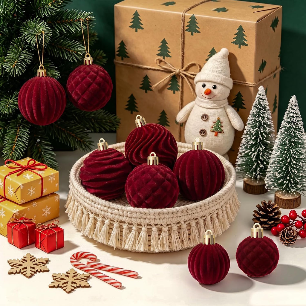 Burgundy Velvet Christmas Ball Ornaments for Tree Decor - Set of 44