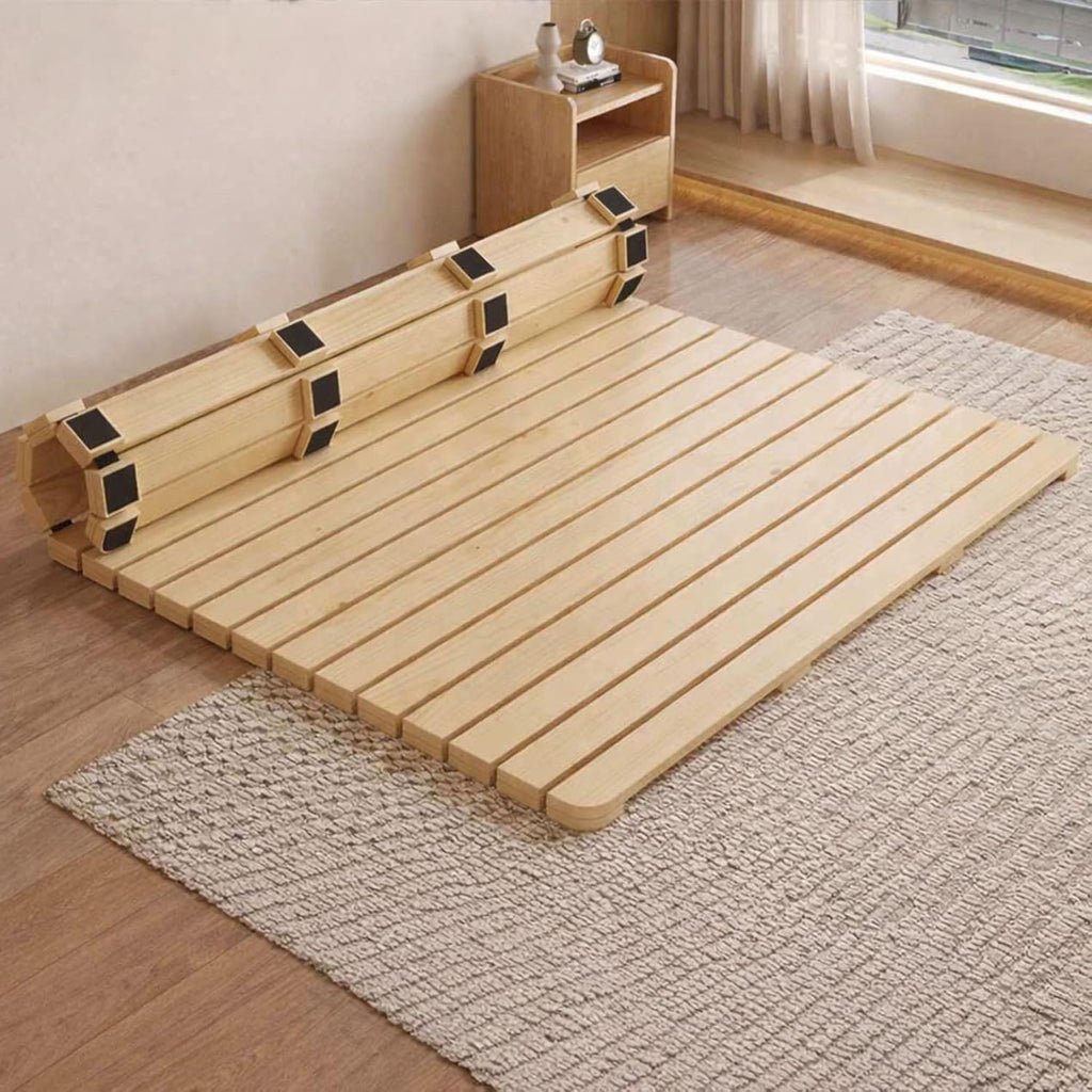 Scandinavian Natural Wood Slatted Roll-Up Bed Base, Japanese Style Tatami Mattress Support Platform, 79 x 35 Inches