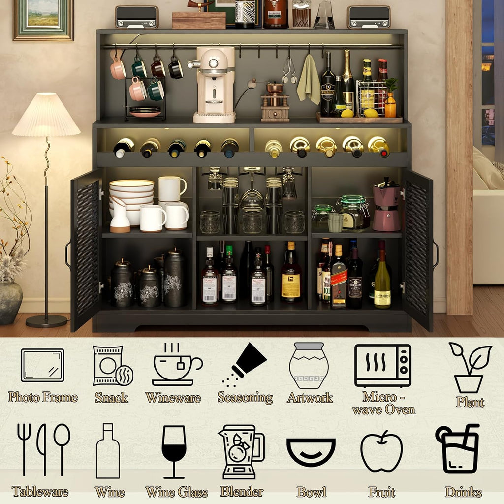 Wine Bar Cabinet with LED Light, Liquor Cabinet with Glass Holder, Coffee Bar for Liquor, Storage Buffet with Wine