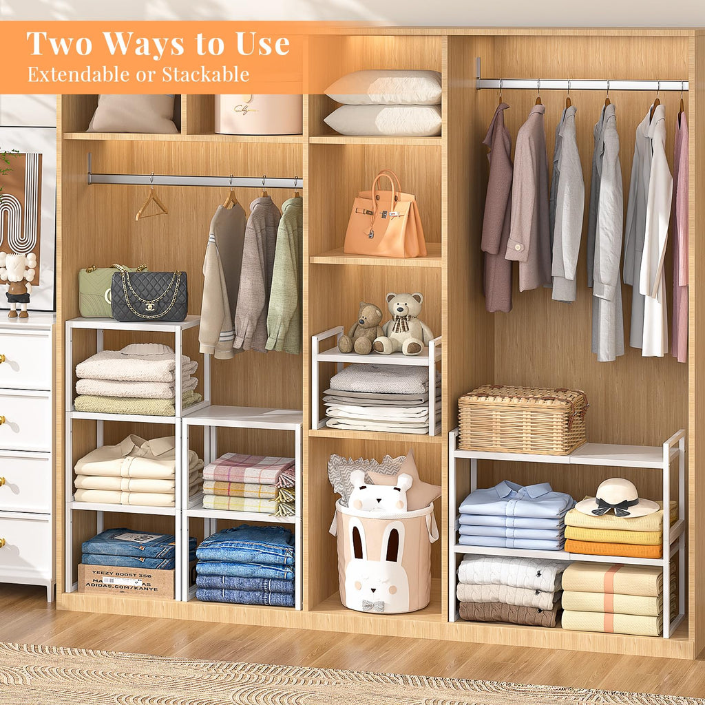 2 Pack Stackable Closet Organizers and Storage Shelves, Expandable Metal Clothing Shelf, Adjustable Shelving Unit for