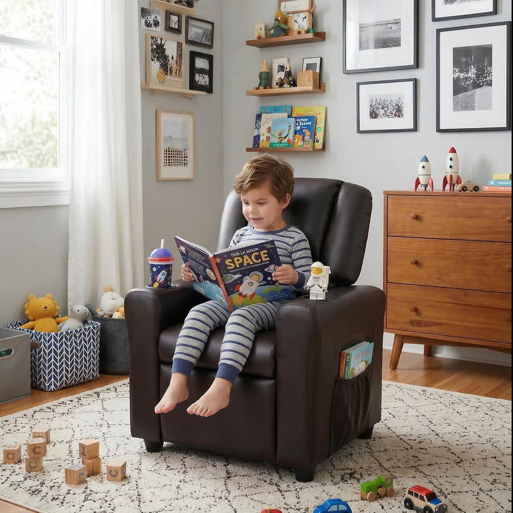 Kids Recliner Chair PU Leather Reclining Toddler Push Back Sofa Ages 1-6