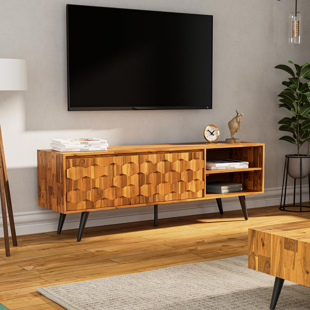 Georgina Solid Wood, 10 Minutes Assembly Entertainment Center with Storage Geometric Pattern Console for Living