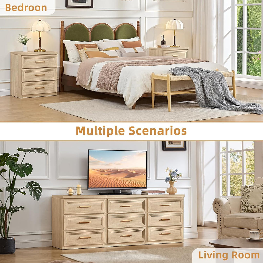 Night Stand with 3 Drawer 26" Fluted Wooden Tall Nightstand Metal Handle Living Room Bedside Table Modern Style