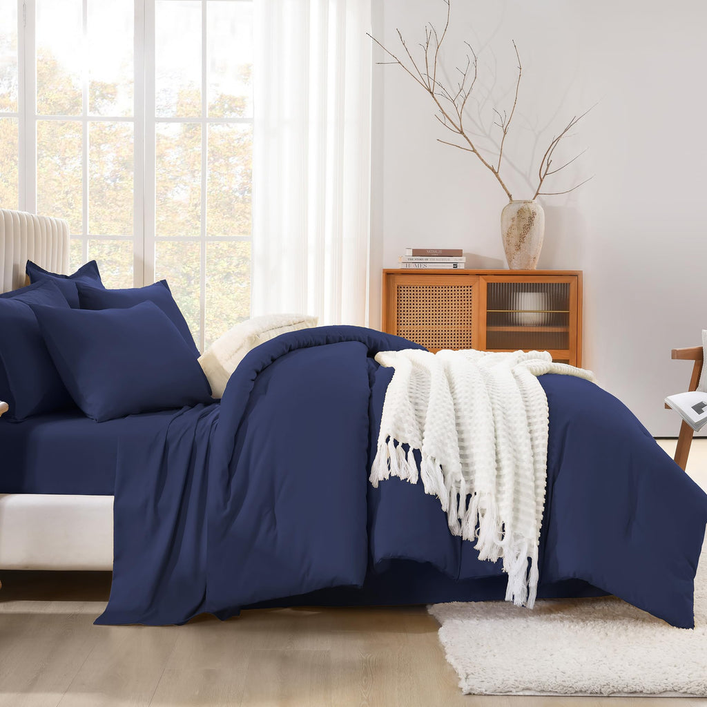 Navy Blue Comforter Set with Sheets - 7 Pieces Bed in a Bag