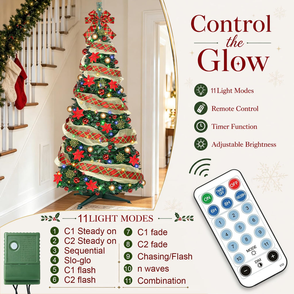 6 Ft Pop up, Collapsible with Lights 200 LED Pre-Lit Christmas Trees Plug-in with Remote Timer 11 Lighting Modes for