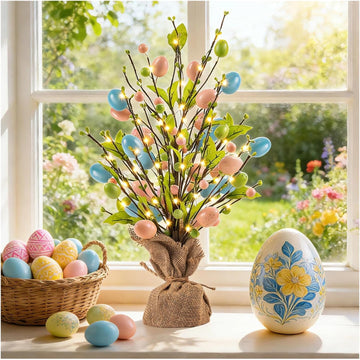 Easter Egg Tree for Table, 18Inch Pearl Tree Decorations with Eggs Hanging String Lights Party Wedding Holiday