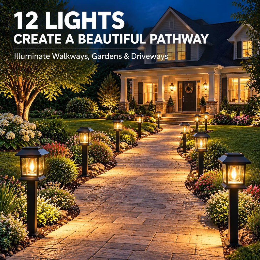 Solar Pathway Lights, 12 Pack Outdoor Landscape Lighting, Black