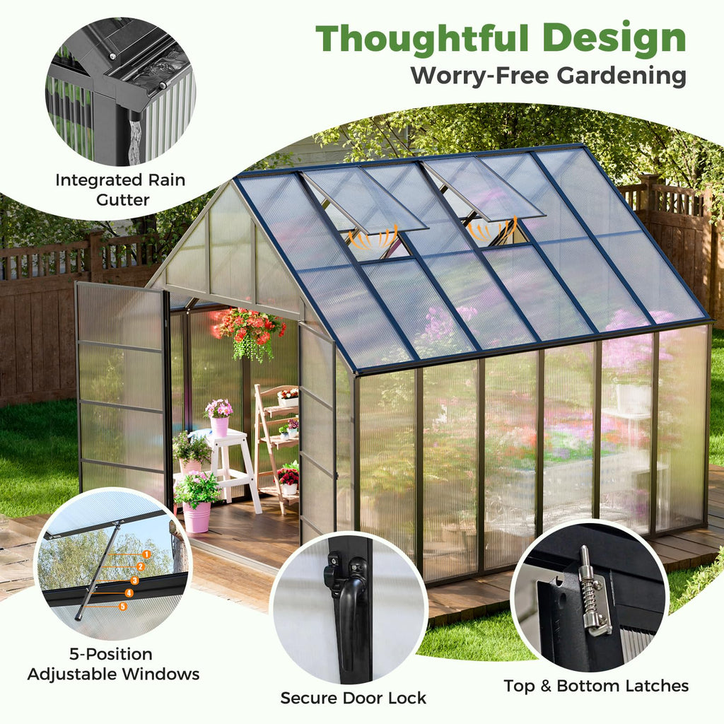12x10x10 FT Polycarbonate Greenhouse with Aluminum Frame, Black