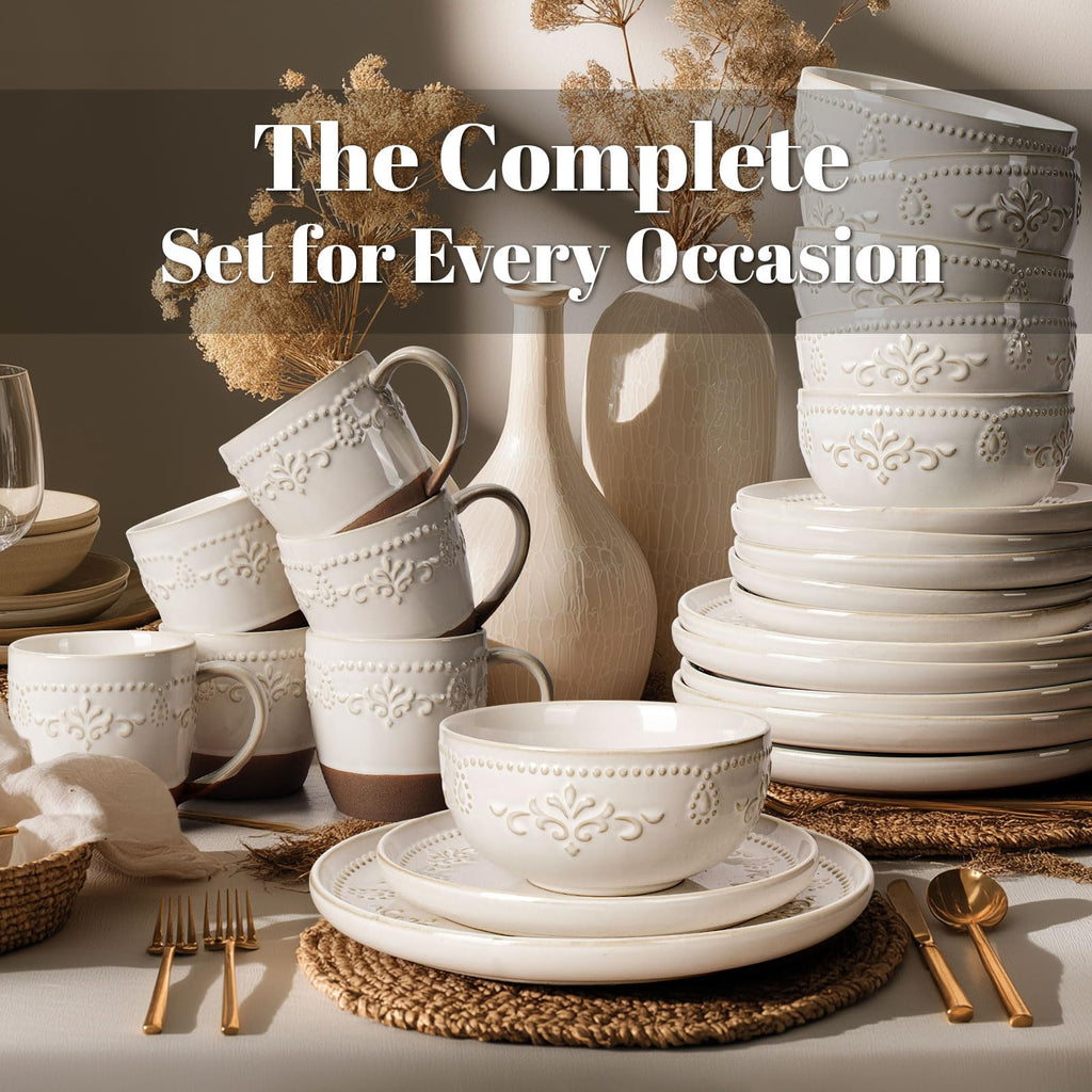 Plates And Bowls Sets, 24 Pieces Dinnerware Sets, Dish Set For 6, Ceramic Kitchen Bowl And Plate Set, Embossed White