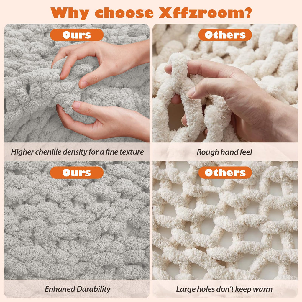 Chunky Knit Blanket Throw, 50x60inch Soft Chenille Yarn Throw, Handmade Warm Thick Cable Knit Crochet Blanket, Large