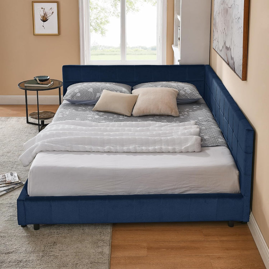 Queen Size Daybed, Velevet Upholstered Day Bed Frame with Tufted Backrest and Armrests,Solid Wood Slat Support,No Box
