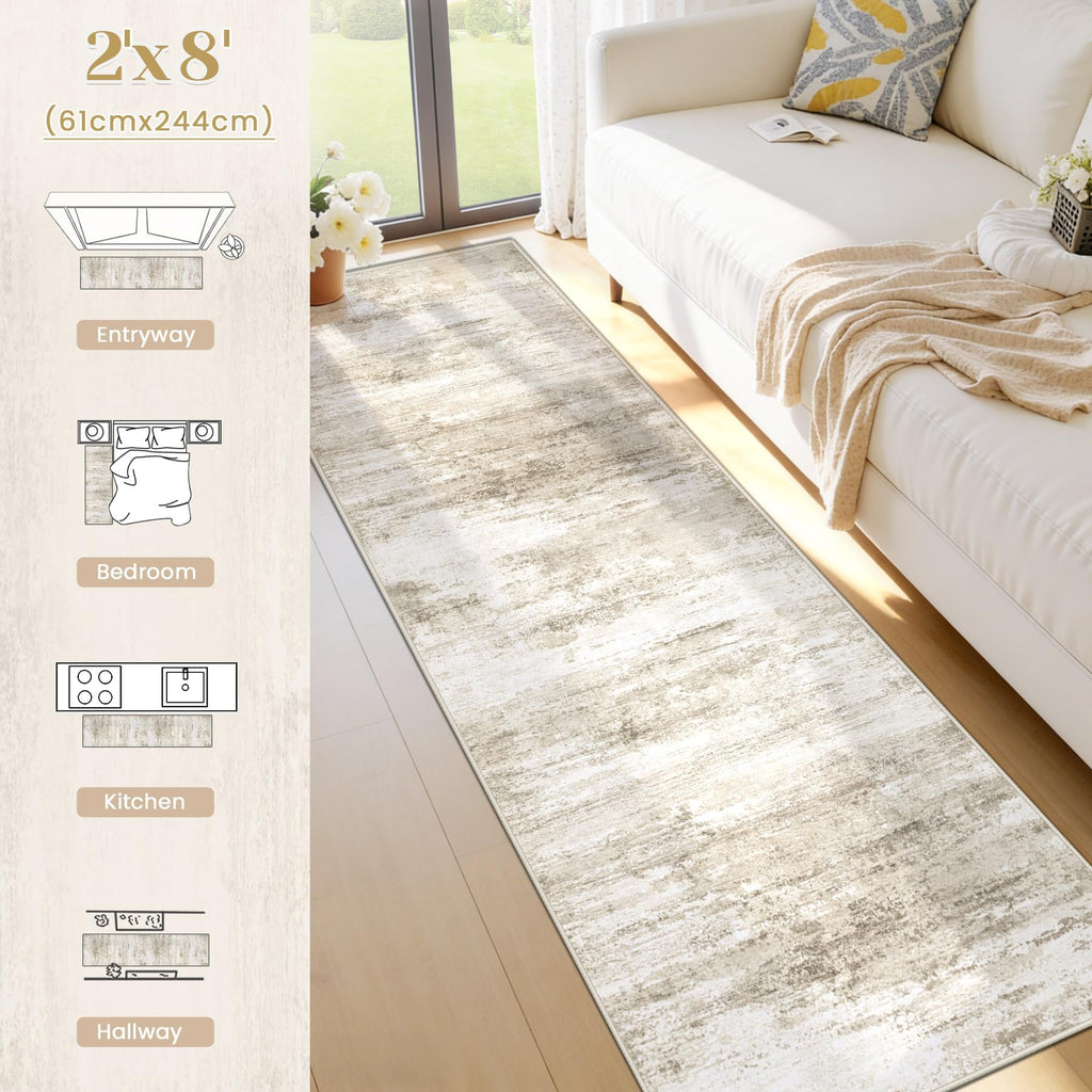 Washable Runner Rug : Kitchen Runner Non Slip Neutral Soft Abstract Modern Low Pile Stain Resistant Carpet Runner