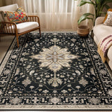 Area Rugs Washable Non-Slip, Floral Vintage Distress Print Pattern Medallion Carpet for Living Room Bedroom