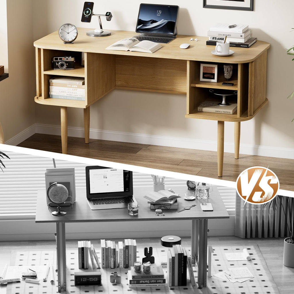 55" Modern Writing Desk, Wood Home Office Desk, Natural