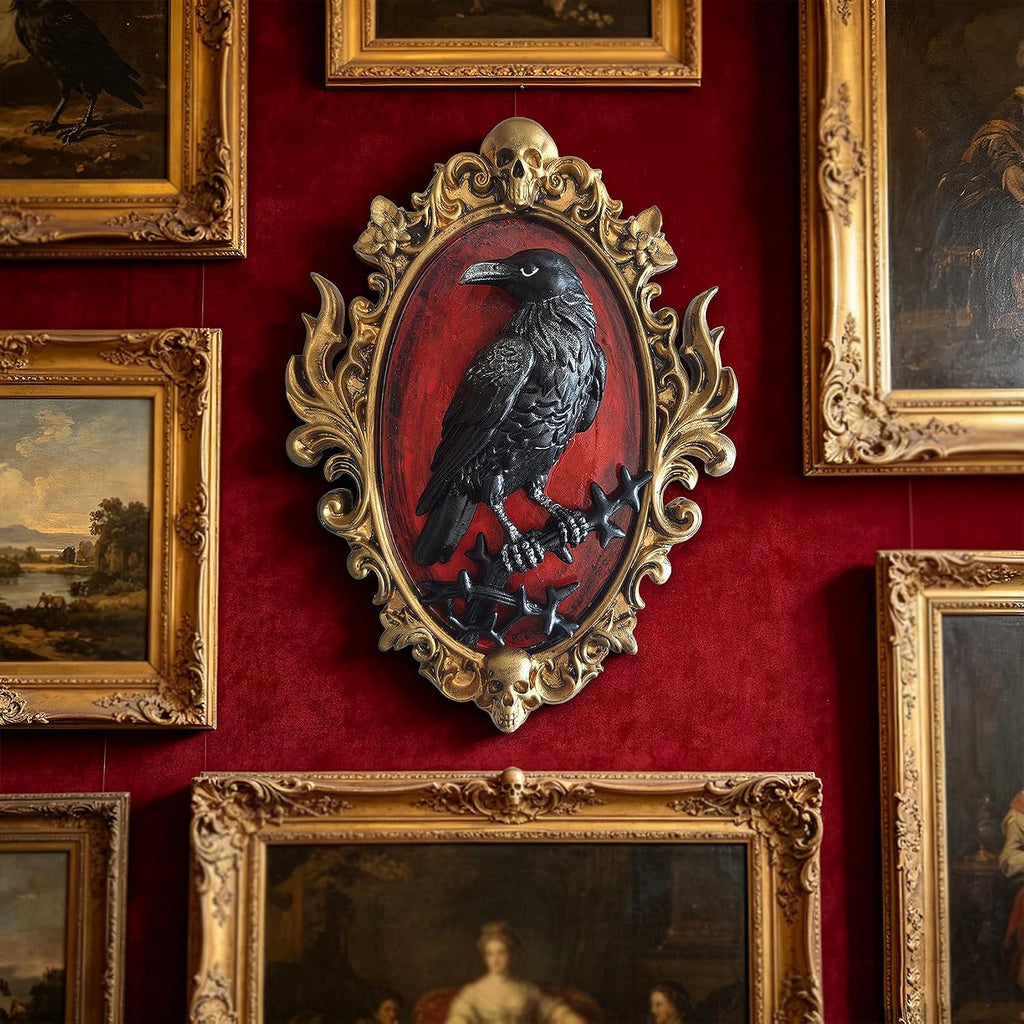 Gothic Raven Resin Wall Sculpture, 3D Crow Wall Decor with Gold Skull Frame