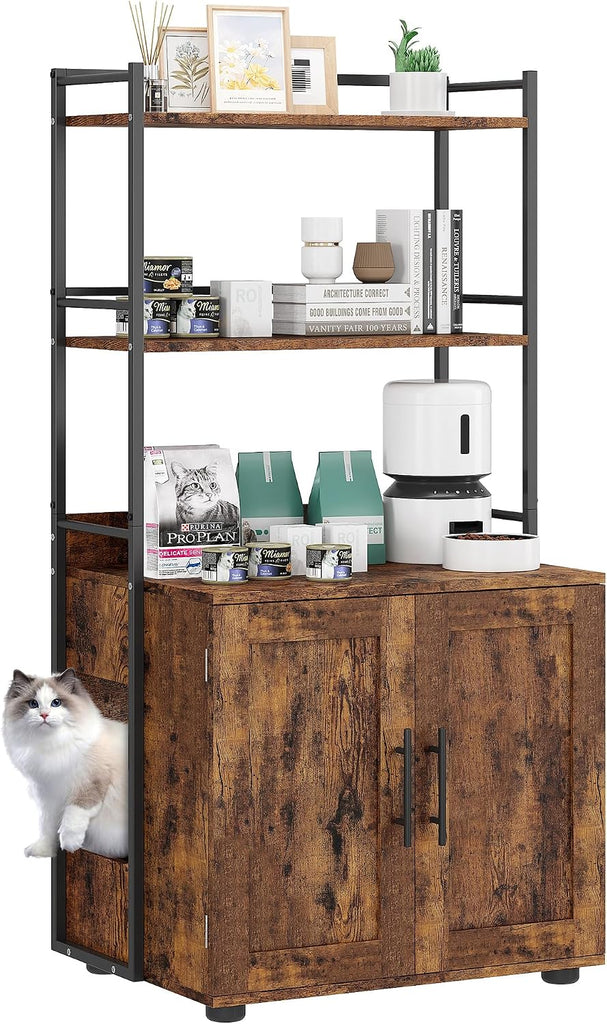 Cat Litter Box Enclosure with 2-Tier Storage Shelves and Doors - Hidden Cat Washroom Cabinet - Odor Control, Enhanced