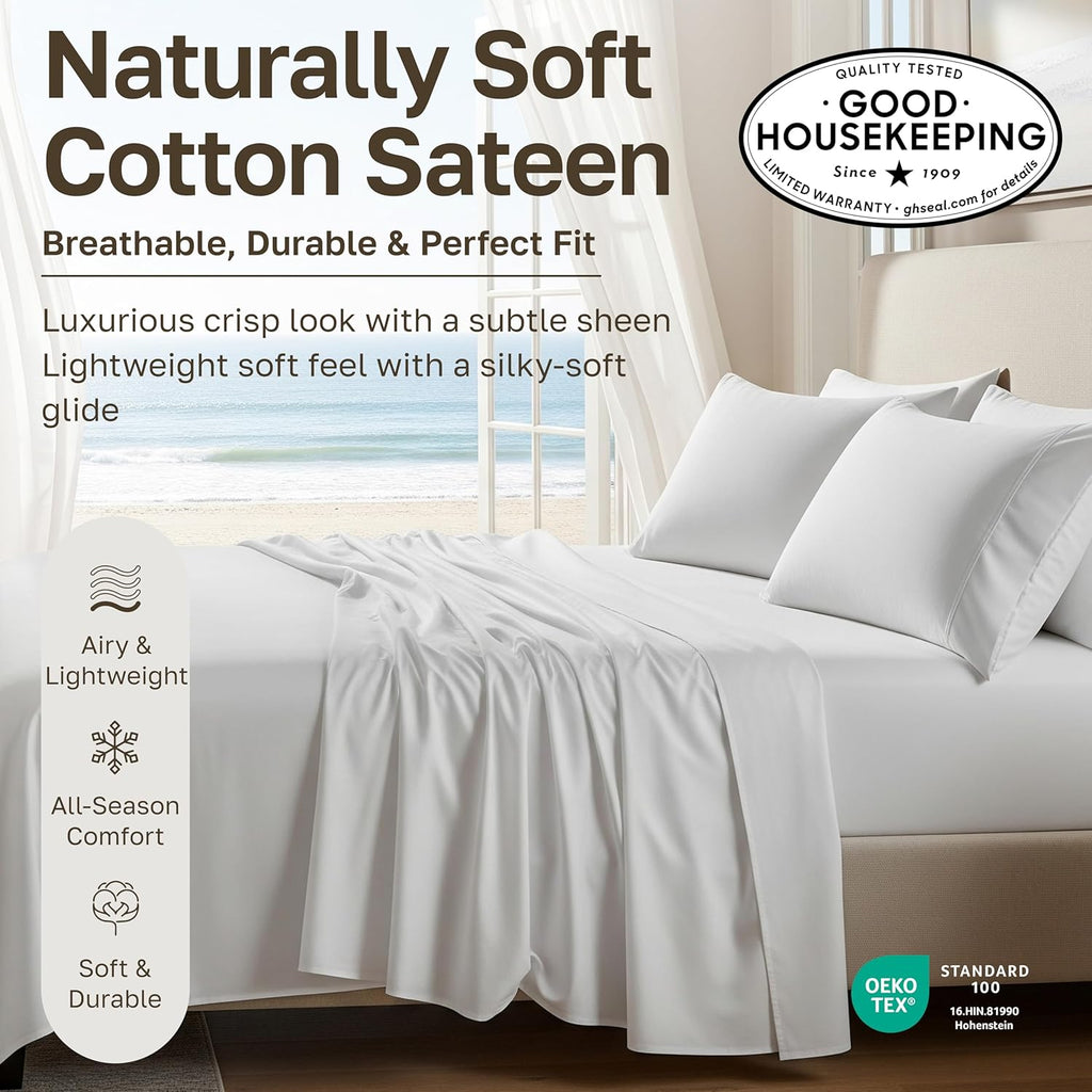Queen Sheet Set - Natural 100% Cotton Sheets Queen Bed Set with Deep Pockets, Soft Sateen Weave, Breathable and