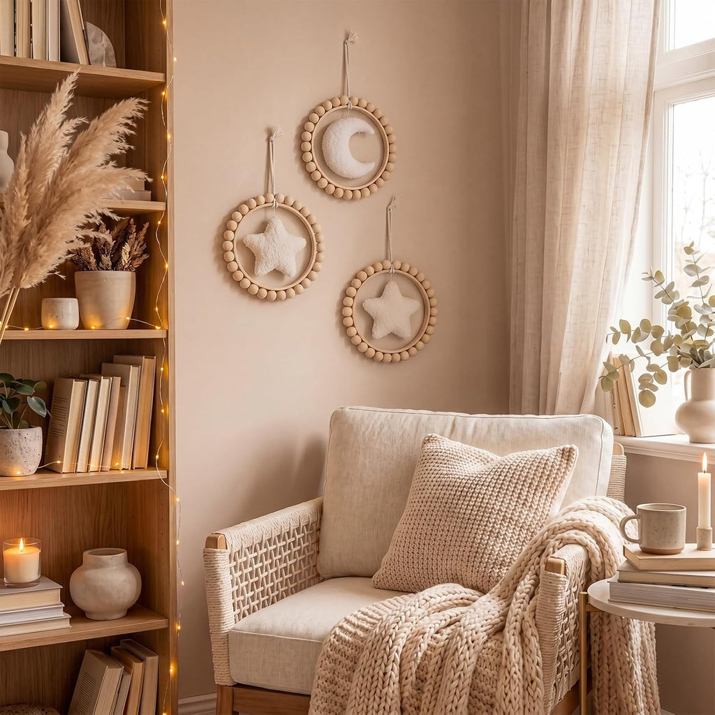 3 Pcs Boho Moon and Stars Wall Decor Nursery Wall Decors Wooden Bead Garland with Felt Centerpieces, Farmhouse Style
