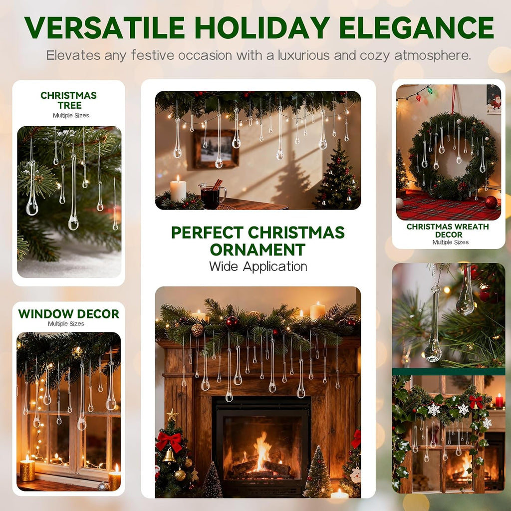 Handmade Glass Crystal Teardrop Christmas Ornaments, Clear Decor - Set of 64