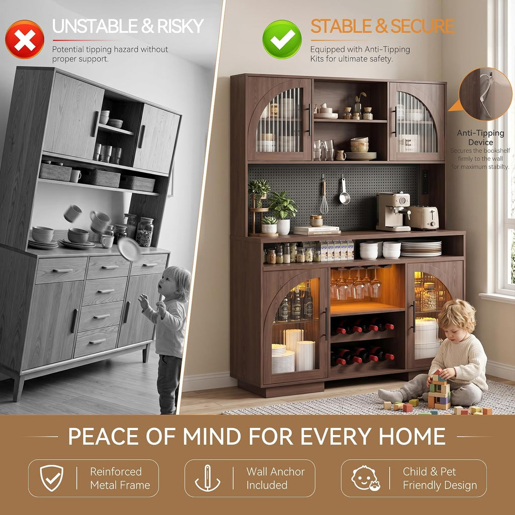 71" Tall Pantry Cabinet with Charging Station, LED Lights & Microwave Stand | 54"W Brown Modern Storage Cabinet with