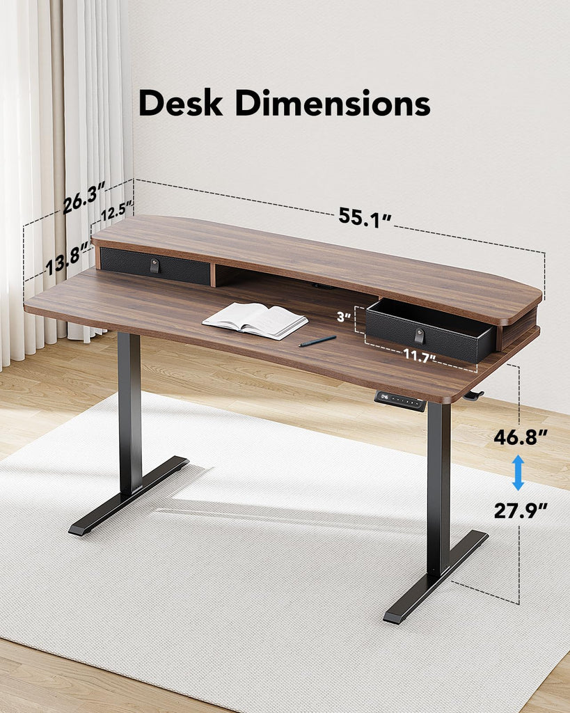 55" x 26" Electric Standing Desk with 2 Drawers, C-Clamp Mount Compatible, Height Adjustable Computer Desk, Home
