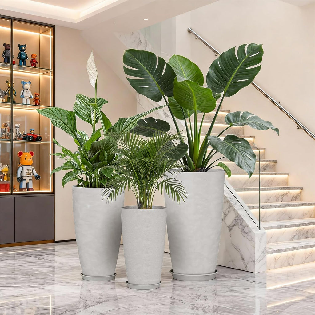 24, 21, 18 inch Tall Planters for Outdoor Plants, with Drainage Hole & Saucer, Set of 3 Tall Outdoor Planter for