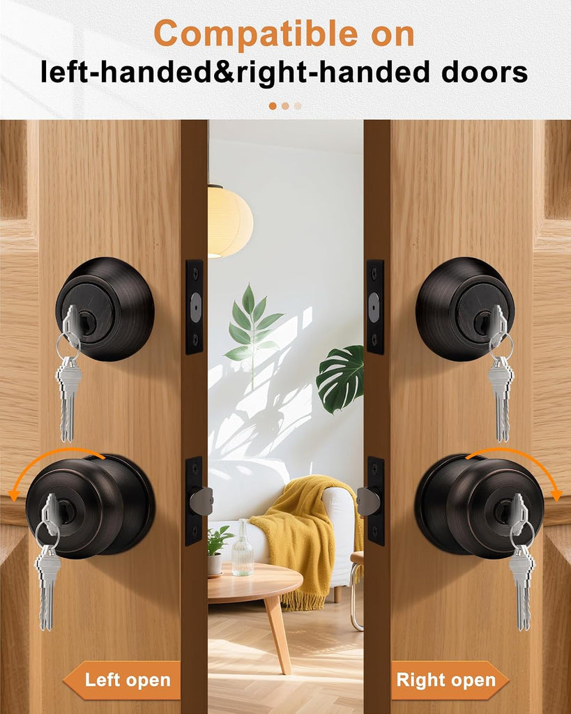 Keyed Alike Entry Door Knob and Single Cylinder Deadbolt Lockset, Front Door Knob with Key and Deadbolt, Oil Rubbed