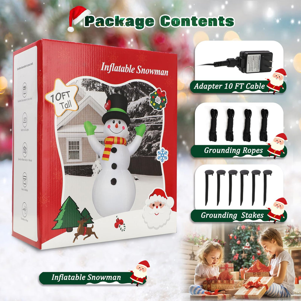 10FT Christmas Inflatables Snowman Wear Magic Hat, Blow Up Outdoor Decorations, Giant Snow Man Built-in Bright LED