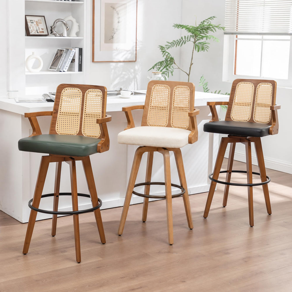 Swivel Counter Height Bar Stools, Walnut Counter Stools with Cane Back