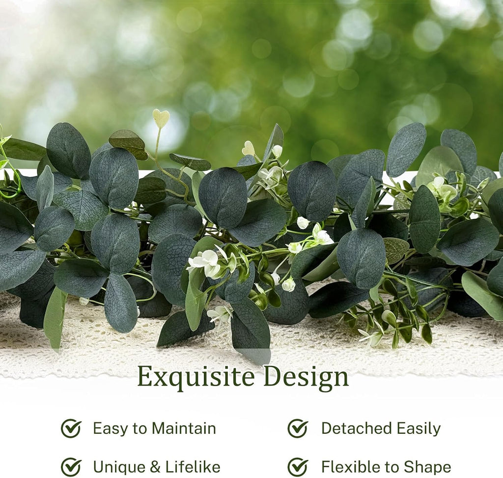 Eucalyptus Garland, 6FT Green Flower Garland Decor, Artificial Faux Eucalyptus Leaves Greenery Vines for Table - Set of 4