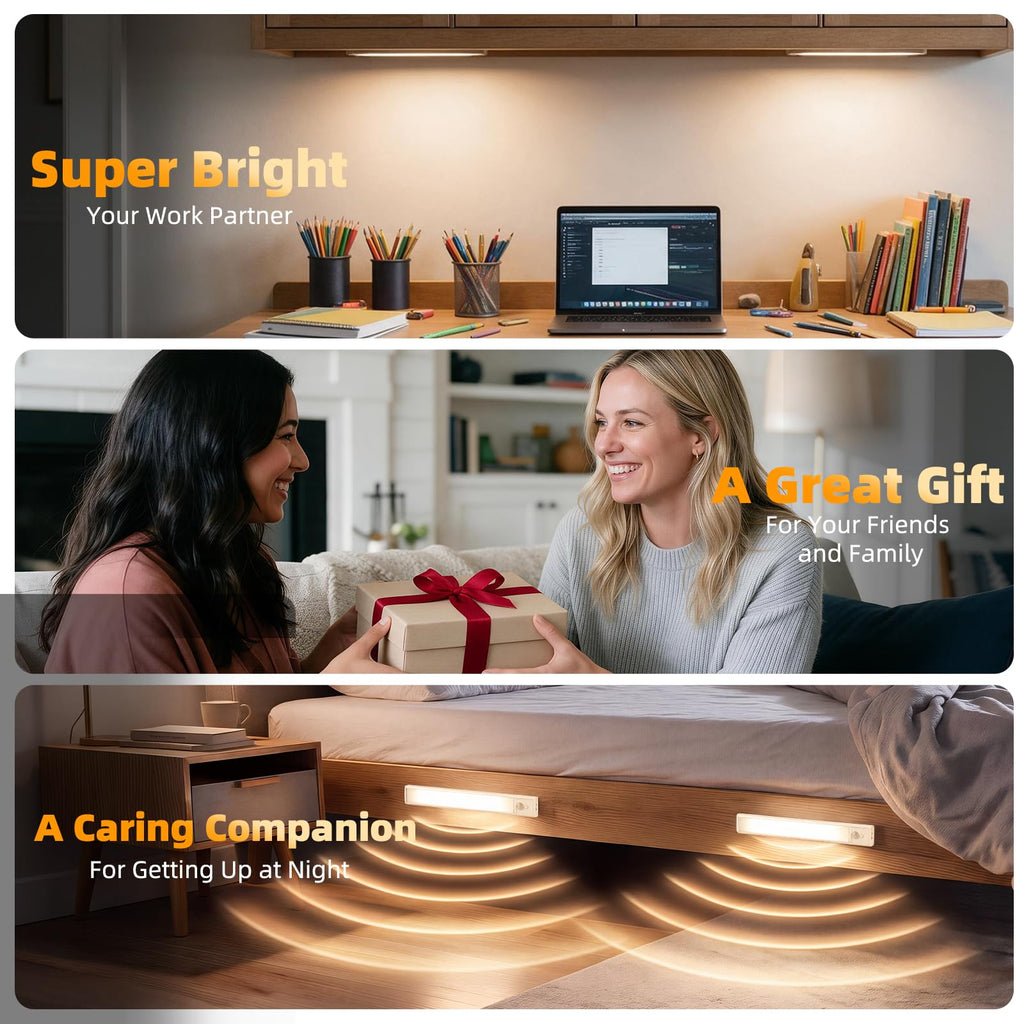 10 Inch Under Cabinet Lighting 6 Pack, 3 Colors Motion Sensor Light Indoor