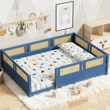 Floor Bed with PE Rattan High Fence, Wood Montessori Bed Frame with Slats for Children Girls Boys, Mist Blue