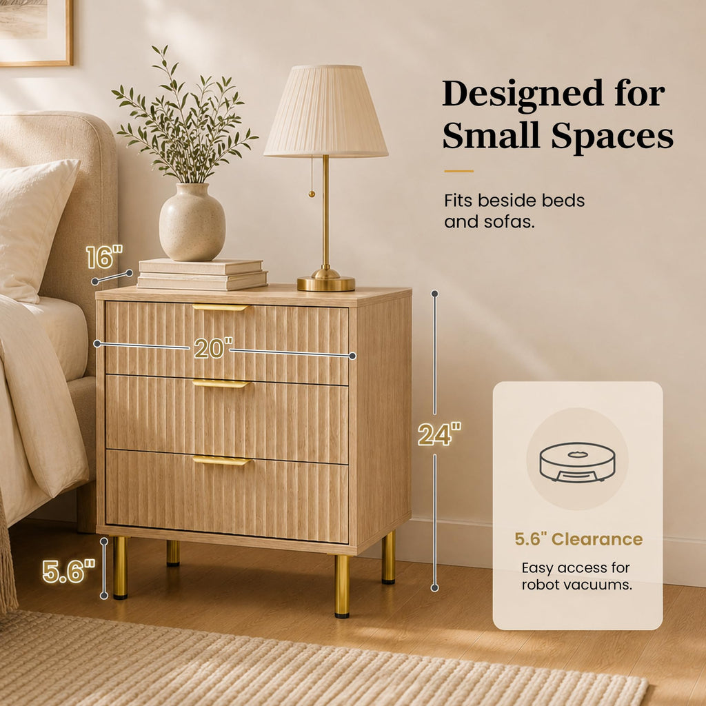 Natural Oak 3-Piece Fluted Dresser and Nightstand Set