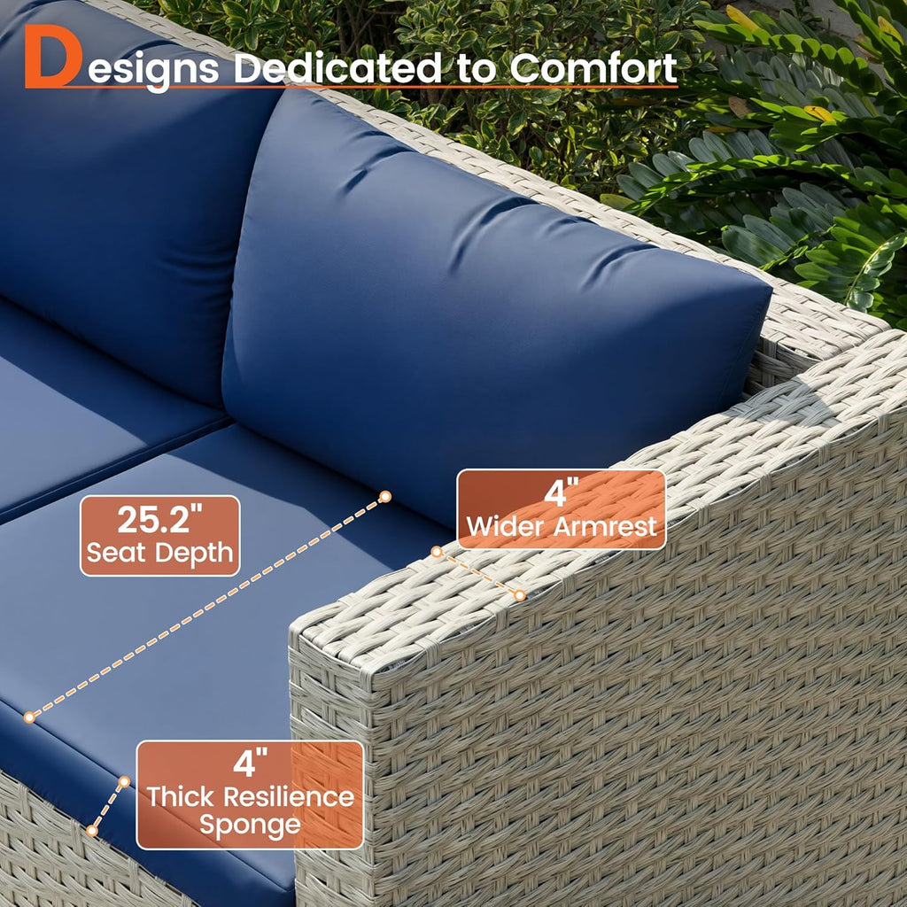 Patio Furniture Set, 7-Piece Outdoor Sectional All-Weather Wicker Patio Conversation Set for Backyard (Navy Blue