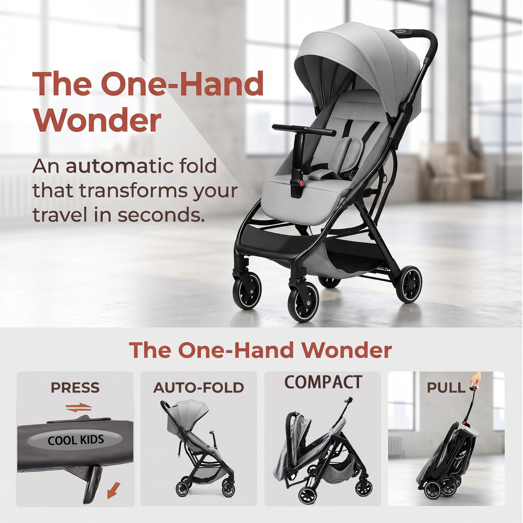 Compact Travel Stroller, Premium Grey Foldable Baby Stroller