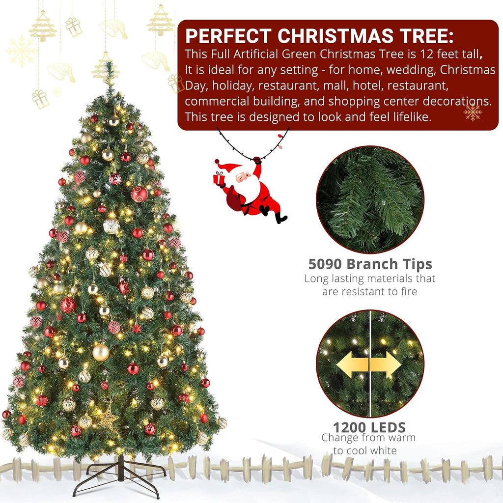 10FT Pre-Lit 1200 LED Lights 10 Modes Color Changing Christmas Pine Tree, 5090 Branches Artificial Festive Party