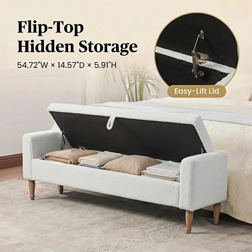 66" End of Bed Storage Bench with Arms, Boucle, Ivory | Flip-top Storage, Bench Daybed, 2 Bolster Pillows, Rubberwood