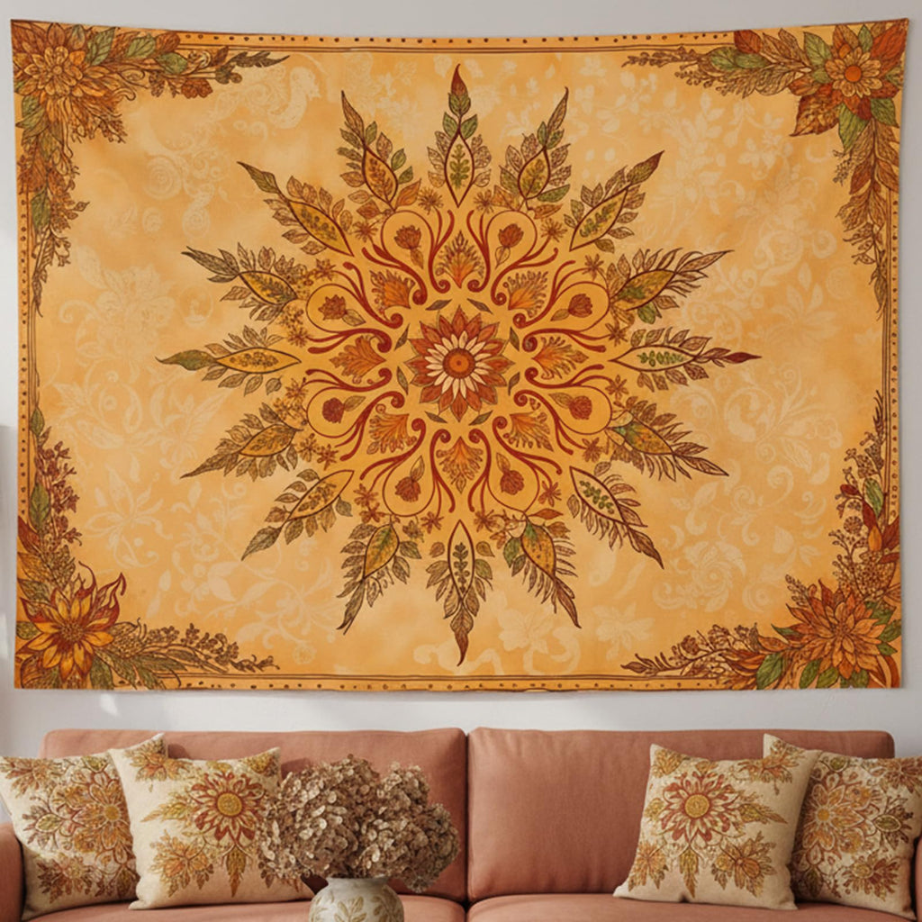 Boho Mandala Floral Tapestry Vintage Bohemian Indian Tapestries Aesthetic Retro Orange Yellow Flower Extra Large