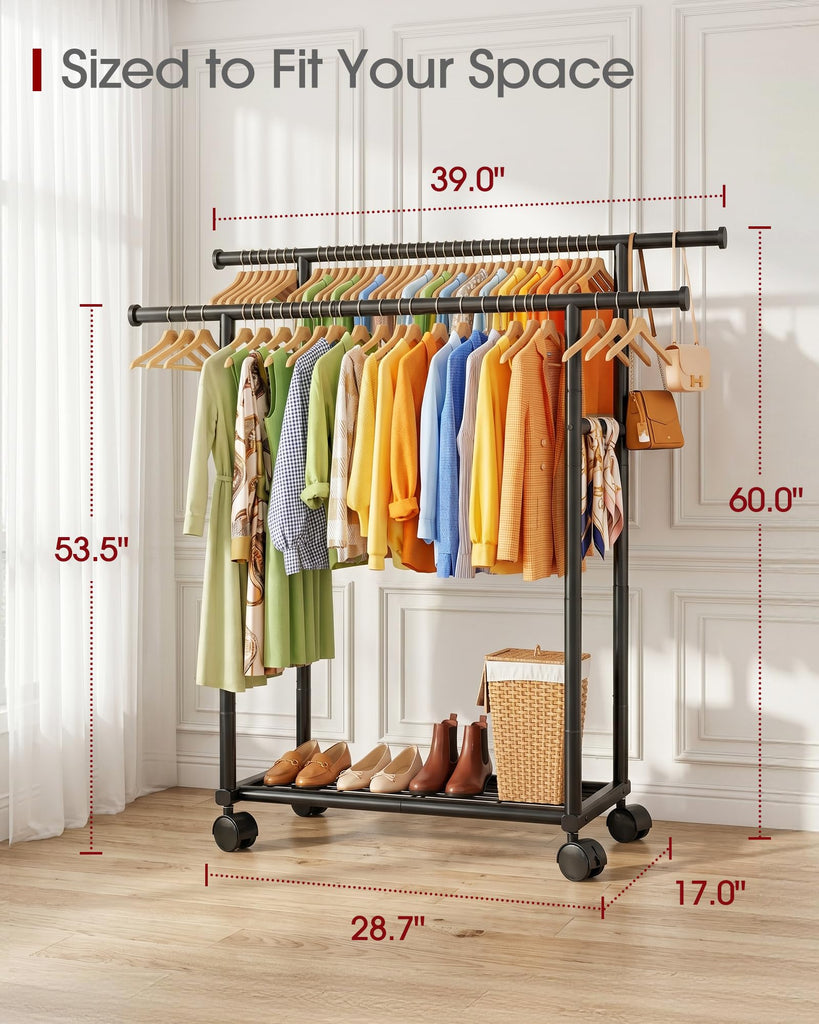 Rolling Double Rod Clothes Rack with Shelf, 39" x 17" x 60", Black