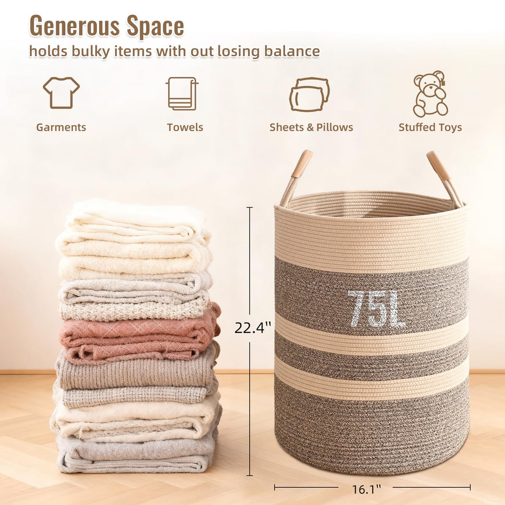 Large Laundry Basket, Laundry Hamper with Leather Handles, 75L Woven Dirty Clothes Hamper, Rope Hampers , Barthroom