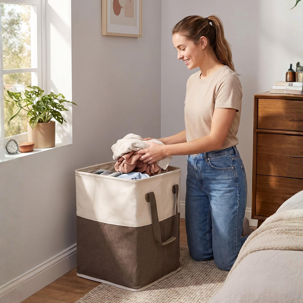 Square Cloth Laundry Hamper with Handles - Dirty Clothes Sorter - Easy Storage - Foldable - Brown and White Canvas