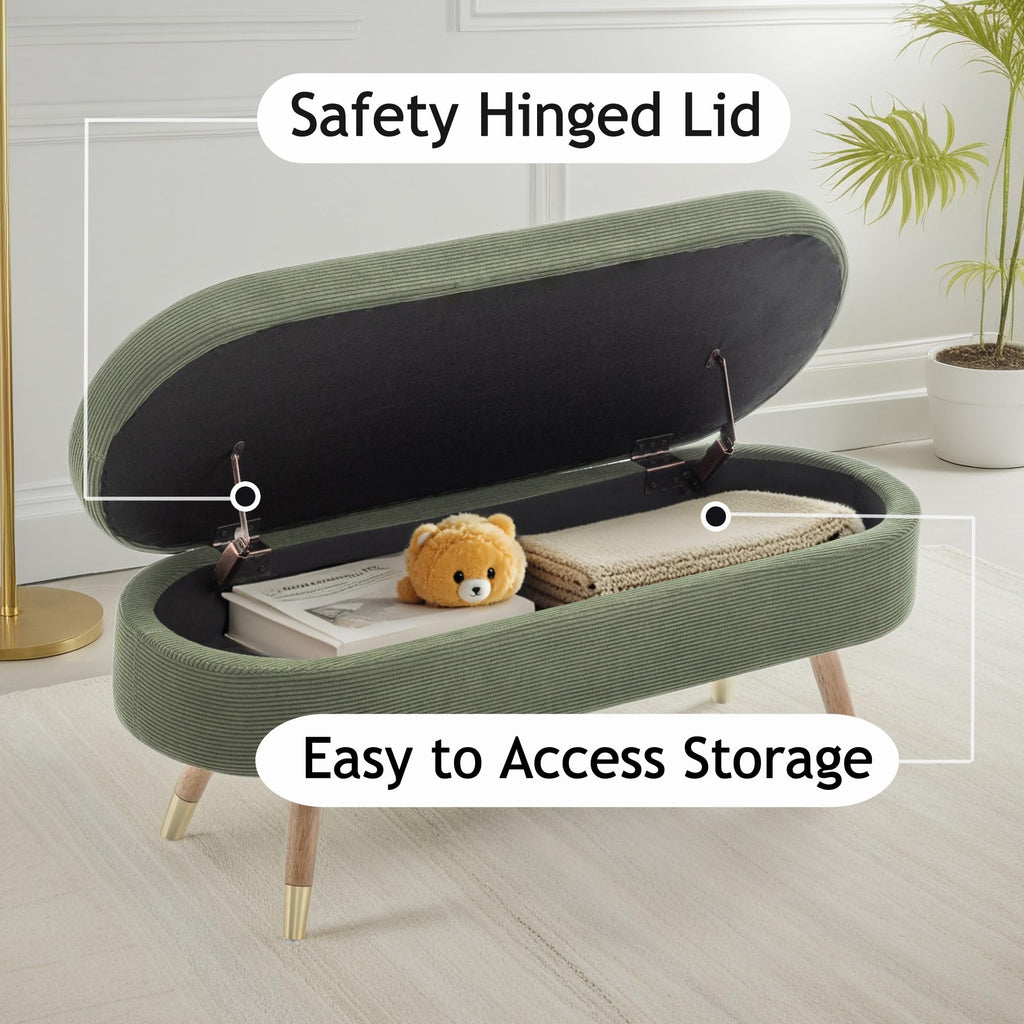Oval Storage Bench 43.5" Ottoman Bench Upholstered Boucle Fabric Footrest Bench with Golden Metal Legs End of Bed
