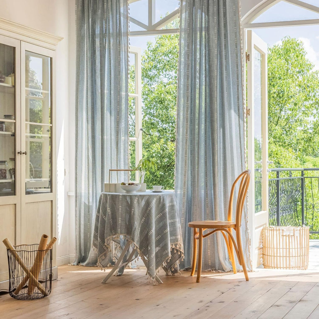 Boho Embroidery Striped Farmhouse Curtains - 84 Inch Long, 2 Panel Set, Blue Linen, Tassel, Semi-Blackout (52" W x