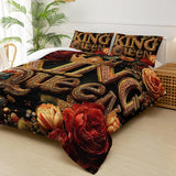 King and Queen Comforter Set Black and Gold，King and Queen Bedding Set，Red Floral Quilt Set Queen，with 1 Comforter
