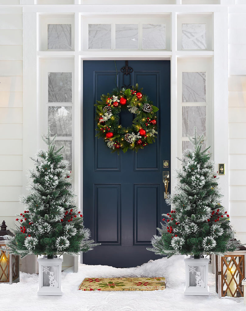 Holiday Ready 3 ft Pre-Lit Artificial Christmas Tree, Snow-Flocked Pine with Red Berries, Timer Function and Led